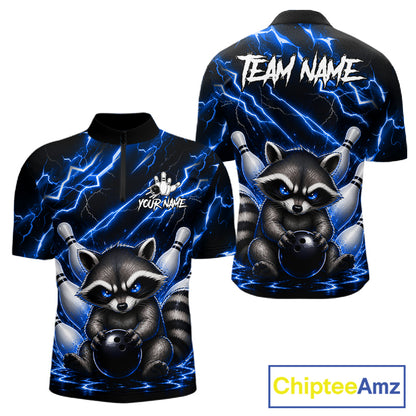 Blue neon lightning raccoon bowling quarter zip shirt for men designed for league tournaments and team events.