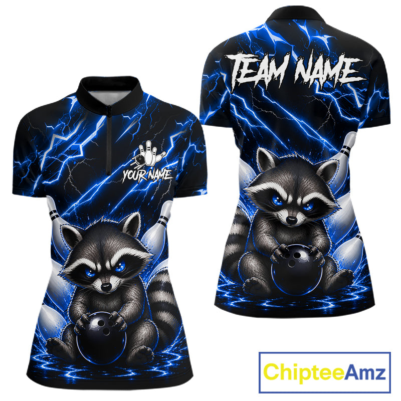 Blue neon lightning raccoon bowling quarter zip shirt for women designed for league tournaments and team events.