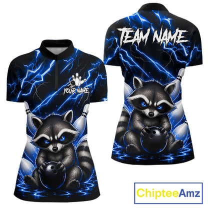 Blue neon lightning raccoon bowling quarter zip shirt for women designed for league tournaments and team events.