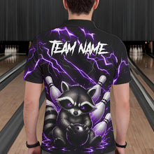 Load image into Gallery viewer, Back view of man wearing a purple neon lightning raccoon bowling polo shirt inside a bowling alley.