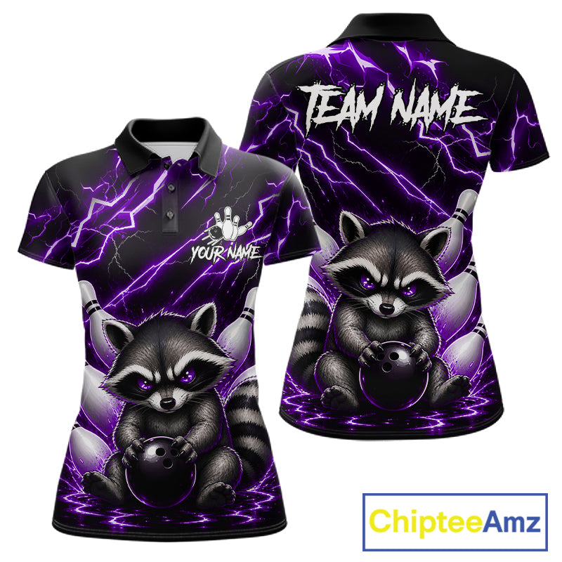 Purple neon lightning raccoon bowling polo shirt for women with custom bowling team graphics.