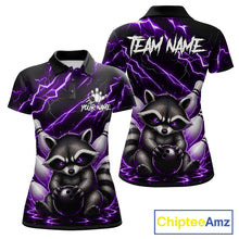 Load image into Gallery viewer, Purple neon lightning raccoon bowling polo shirt for women with custom bowling team graphics.