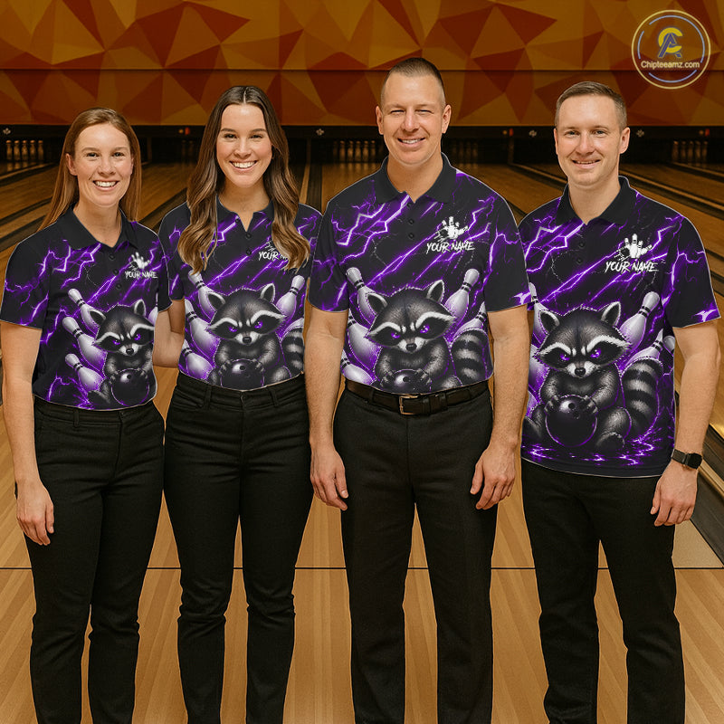 Bowling team wearing matching purple neon lightning raccoon bowling jerseys during tournament play front view.