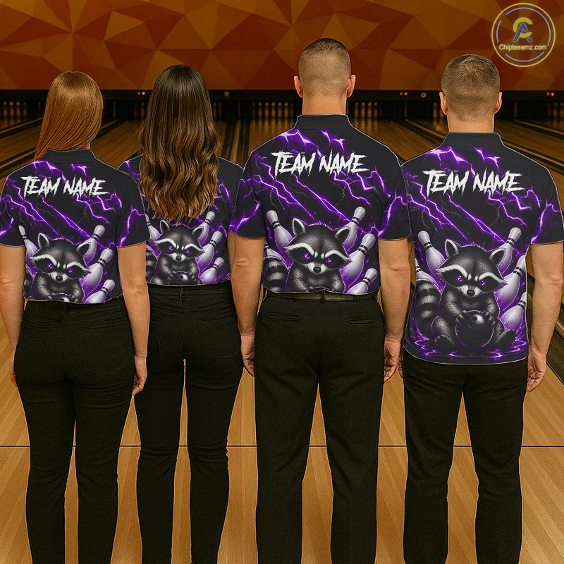 Back view of bowling team wearing matching purple neon raccoon bowling shirts in a bowling alley.