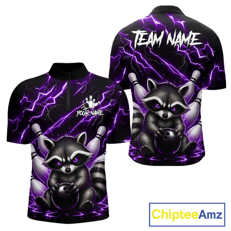 Purple neon lightning raccoon bowling quarter zip shirt for men built for league play and tournaments.