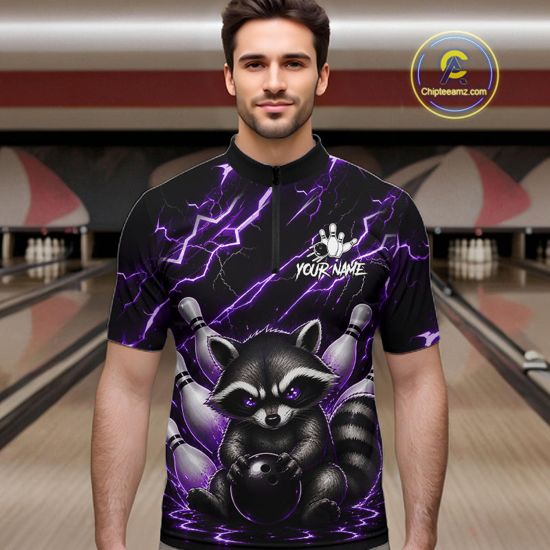 Man wearing a purple neon lightning raccoon bowling quarter zip jersey during league competition front view.