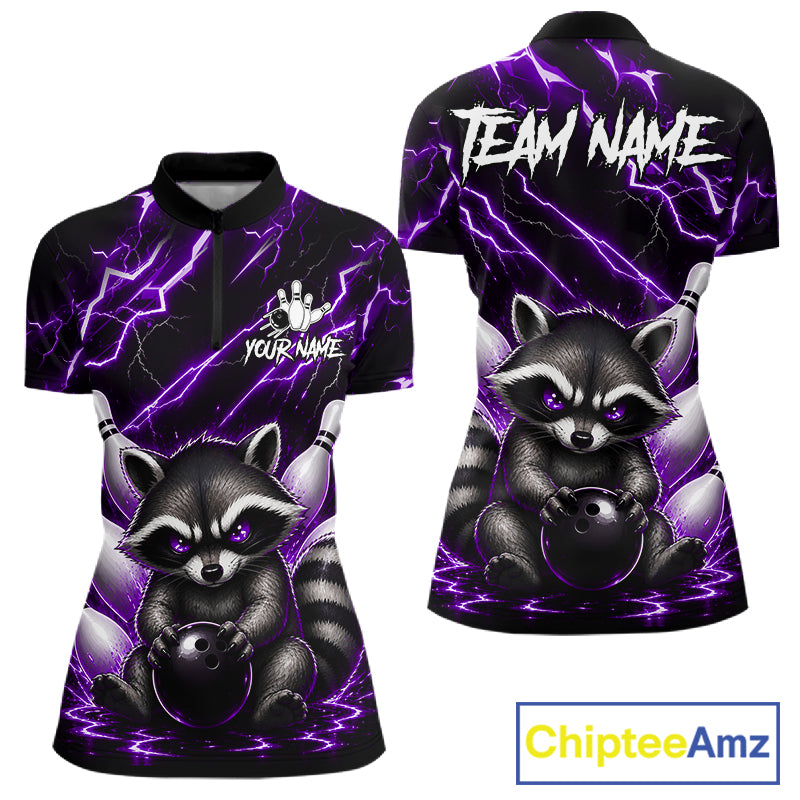 Purple neon lightning raccoon bowling quarter zip shirt for women built for league play and tournaments.