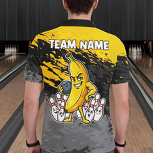 Load image into Gallery viewer, Back view of man wearing a yellow funny banana bowling polo shirt inside a bowling alley.