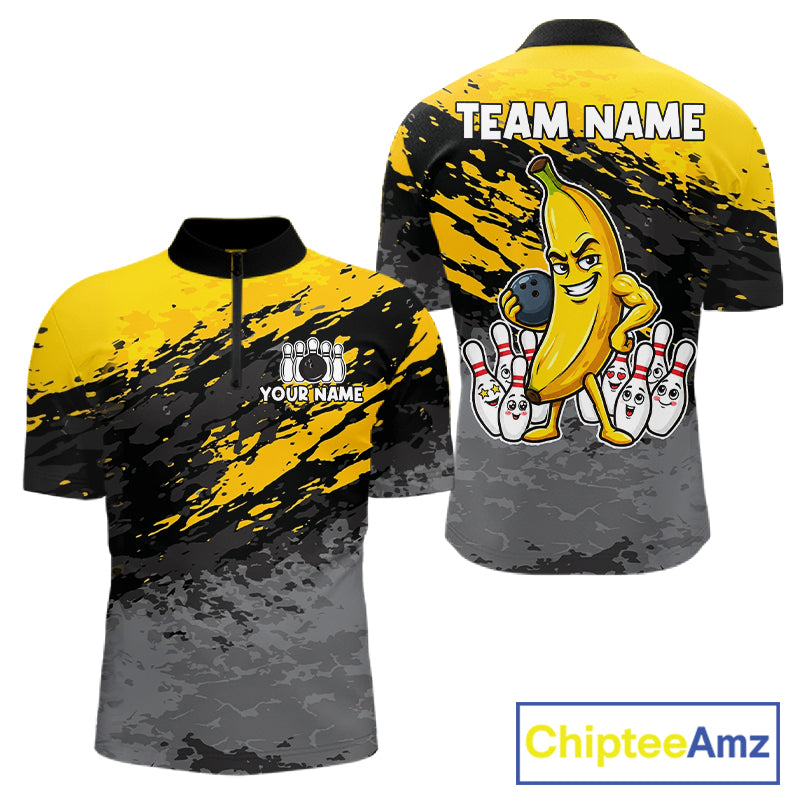 Yellow funny banana grunge bowling quarter zip shirt for men designed for league tournaments and team events.