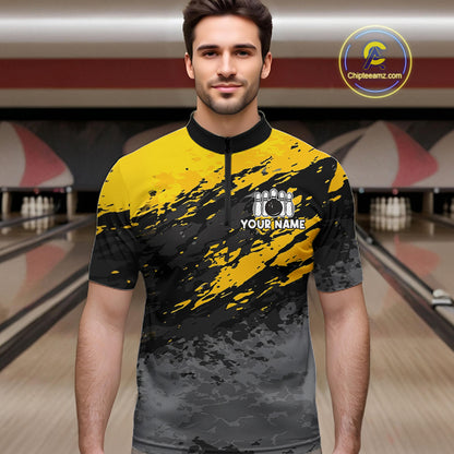 Man wearing a yellow funny banana bowling quarter zip jersey during league competition front view.