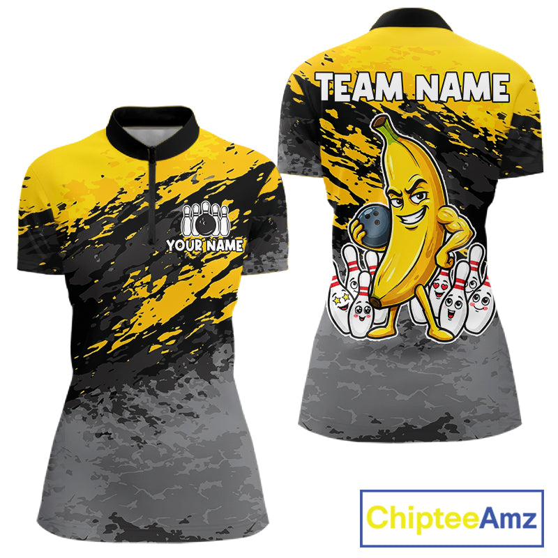 Yellow funny banana grunge bowling quarter zip shirt for women designed for league tournaments and team events.