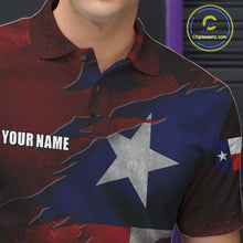 Load image into Gallery viewer, Close-up of a retro Texas flag bowling polo shirt collar, buttons, and vintage flag artwork.
