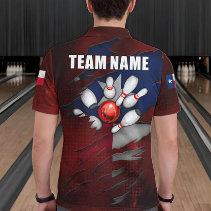 Back view of man wearing a retro Texas flag bowling polo shirt inside a bowling alley.