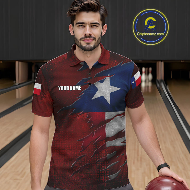 Man wearing a retro Texas flag bowling polo shirt at a bowling alley front view.