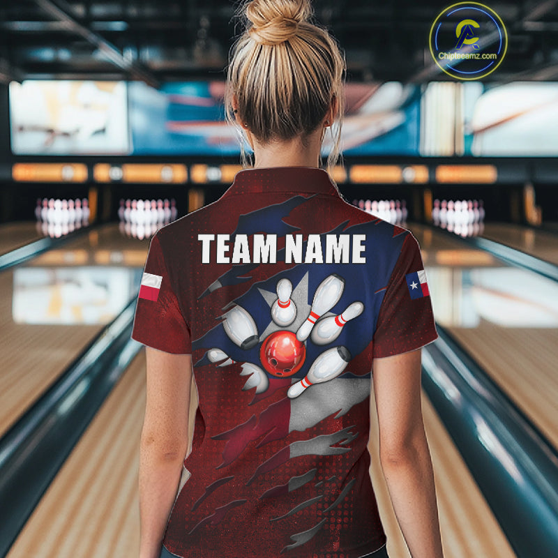 Back view of woman wearing a retro Texas flag bowling polo shirt inside a bowling alley.