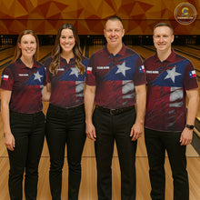 Load image into Gallery viewer, Bowling team wearing matching retro Texas flag bowling jerseys during team competition front view.