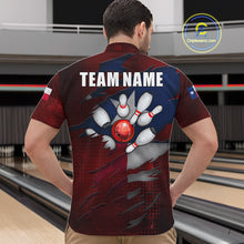 Load image into Gallery viewer, Back view of man wearing a retro Texas flag bowling quarter zip shirt in a bowling alley.