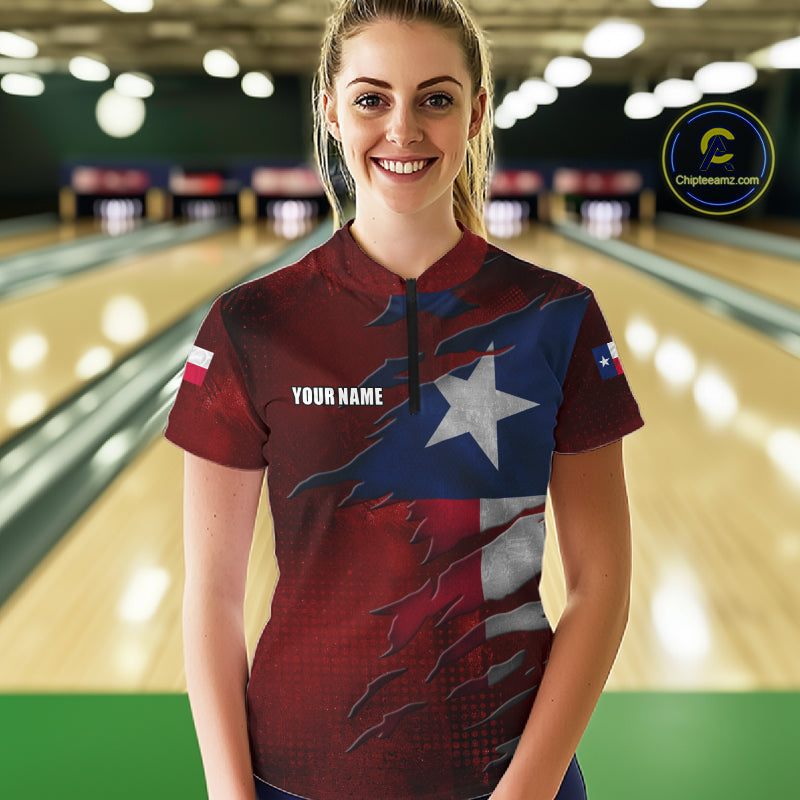 Woman wearing a retro Texas flag bowling quarter zip jersey during bowling league play front view.