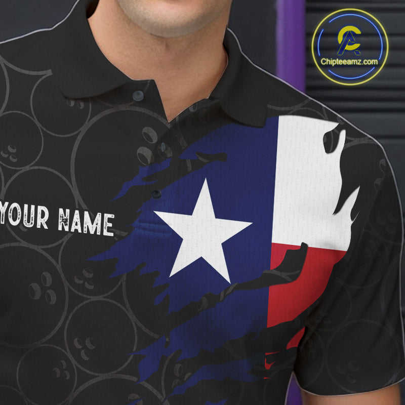 Close-up of a US flag Texas bowling polo shirt collar, buttons, and patriotic artwork.