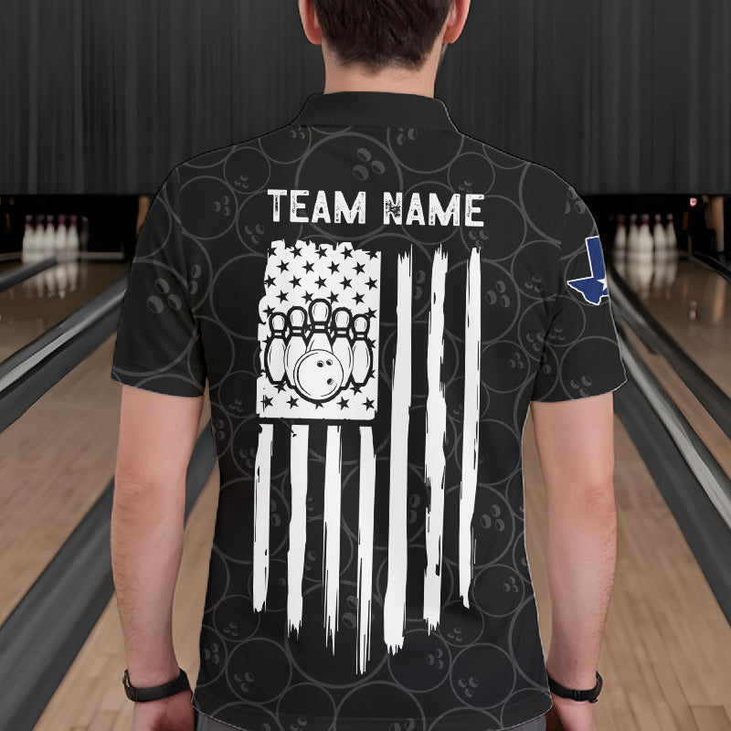 Back view of man wearing a US flag Texas bowling polo shirt inside a bowling alley.
