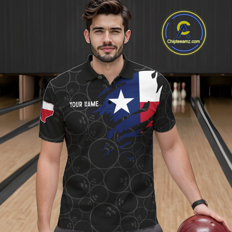 Man wearing a US flag Texas bowling polo shirt at a bowling alley front view.
