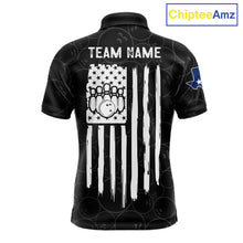 Load image into Gallery viewer, US flag Texas bowling polo shirt for men with patriotic bowling team graphics.