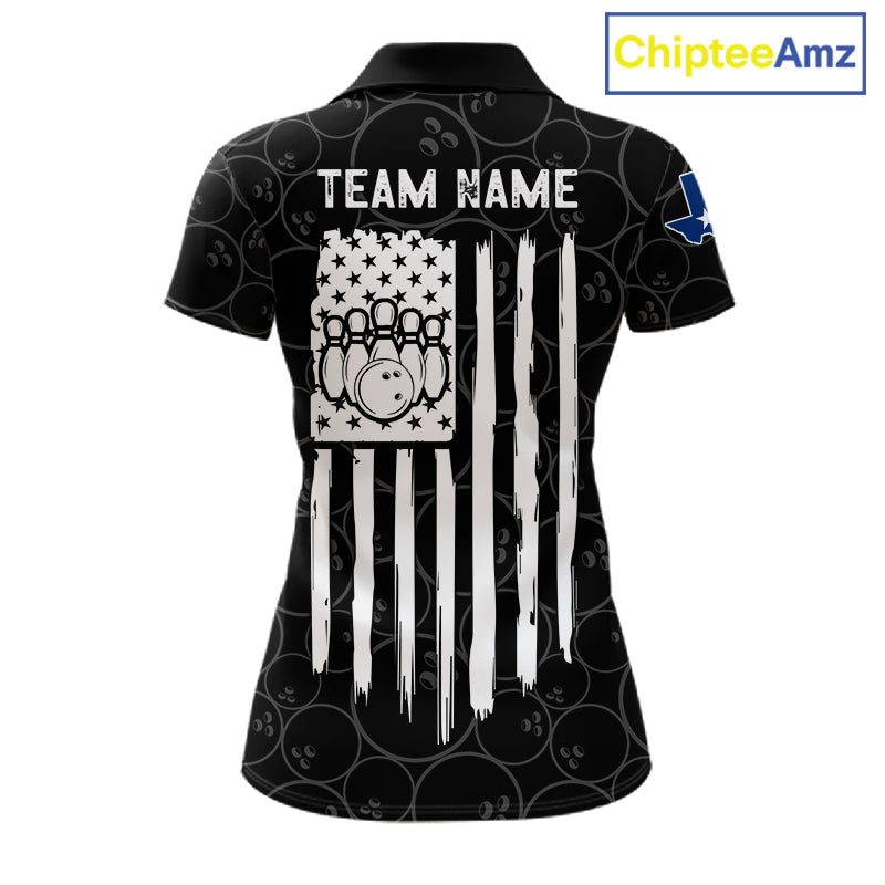 US flag Texas bowling polo shirt for women with patriotic bowling team graphics.