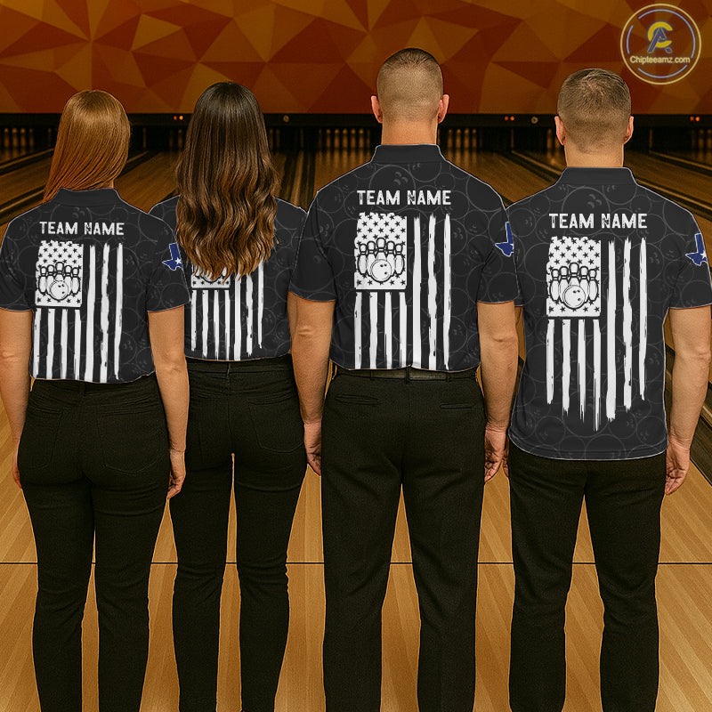 Back view of bowling team wearing matching patriotic Texas bowling shirts in a bowling alley.