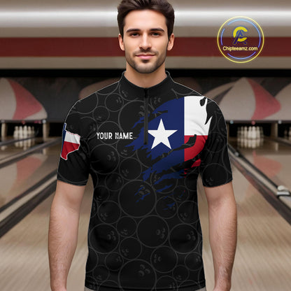 Man wearing a US flag Texas bowling quarter zip jersey during league matches front view.