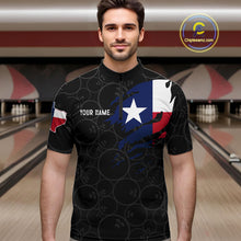 Load image into Gallery viewer, Man wearing a US flag Texas bowling quarter zip jersey during league matches front view.