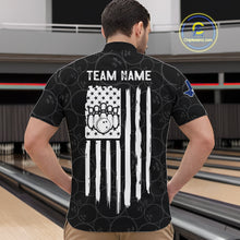 Load image into Gallery viewer, Back view of man wearing a US flag Texas bowling quarter zip shirt in a bowling alley.
