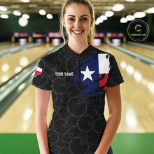 Load image into Gallery viewer, Woman wearing a US flag Texas bowling quarter zip jersey during league matches front view.