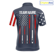 Load image into Gallery viewer, Personalized navy American flag 8 ball pool billiard team jersey polo shirt for men, custom patriotic pool league apparel and tournament jersey.
