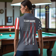 Load image into Gallery viewer, Woman wearing personalized navy American flag 8 ball pool billiard polo shirt back view.