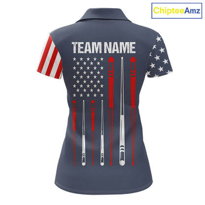 Personalized navy American flag 8 ball pool billiard team jersey polo shirt for women, custom patriotic pool league apparel and tournament jersey.