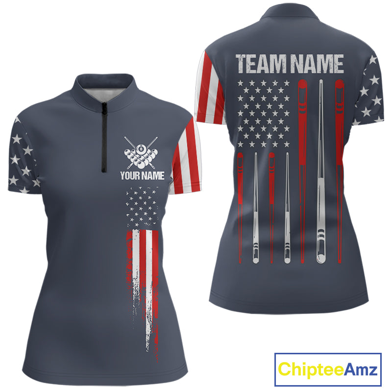 Personalized navy American flag 8 ball pool billiard quarter zip shirt for women, custom patriotic billiard team jersey.