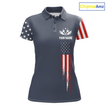 Load image into Gallery viewer, Personalized navy American flag patriotic darts team jersey polo shirt for women, custom darts league apparel and tournament jersey.