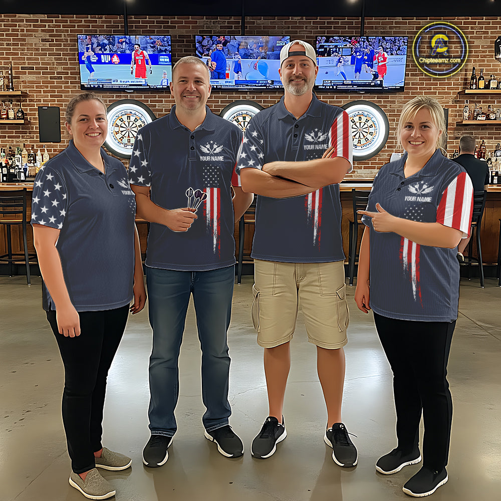 Darts team wearing matching navy American flag patriotic darts jerseys front view.
