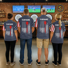 Load image into Gallery viewer, Darts team wearing matching navy American flag patriotic darts jerseys back view.