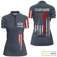 Load image into Gallery viewer, Personalized navy American flag patriotic darts quarter zip shirt for women, custom darts team jersey.