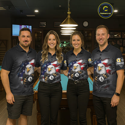 Grey American Flag Eagle 8 Ball & 9 Ball Billiard Shirts For Men Custom Patriotic Pool Team Jersey TDM7170