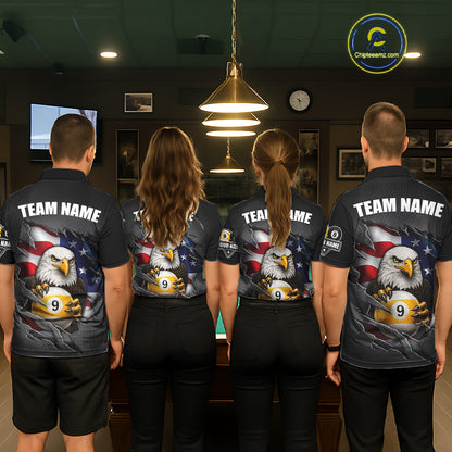 Grey American Flag Eagle 8 Ball & 9 Ball Billiard Shirts For Men Custom Patriotic Pool Team Jersey TDM7170