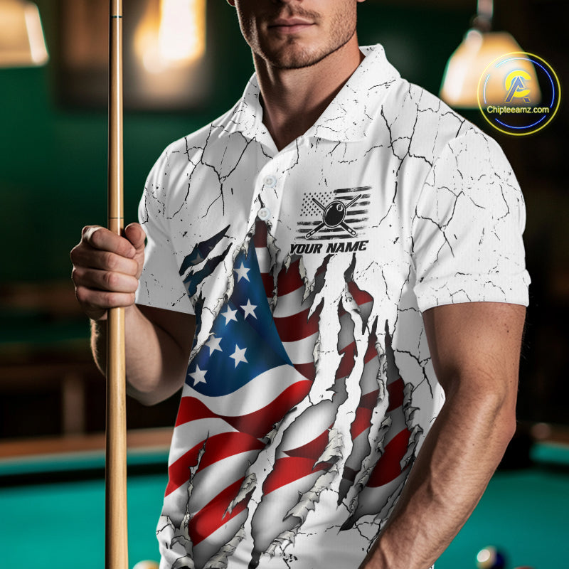 Custom US Flag Eagle Fire 8 Ball Billiard Jersey For Men, White Grunge Patriotic Pool Team Shirt TDM7176