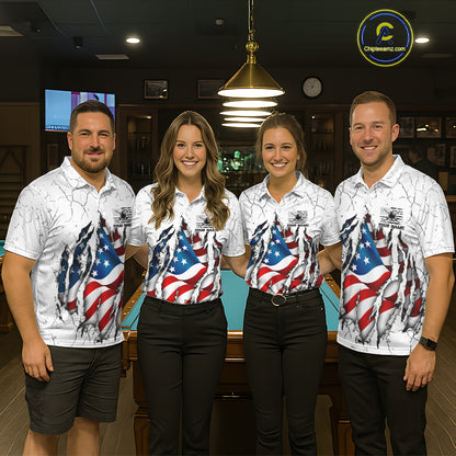 Custom US Flag Eagle Fire 8 Ball Billiard Jersey For Men, White Grunge Patriotic Pool Team Shirt TDM7176