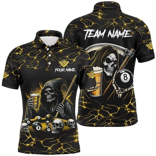 Yellow Funny Death Skeleton & Beer Billiard Shirts For Men Custom 8 Ball Lightning Billiard Jerseys TDM2939