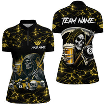 Load image into Gallery viewer, Yellow Funny Death Skeleton &amp; Beer Billiard Shirts For Women Custom 8 Ball Lightning Billiard Jerseys TDM2939