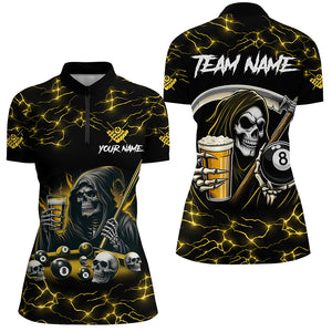 Yellow Funny Death Skeleton & Beer Billiard Shirts For Women Custom 8 Ball Lightning Billiard Jerseys TDM2939