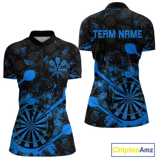 Black And Blue Grunge Darts Polo, Quarter Zip For Women Custom Dart Shirts For Team, Dart Jerseys TDM5153