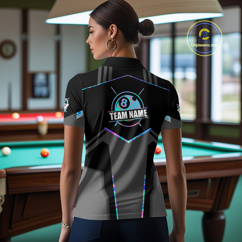 Holographic 8 Ball Billiard Jersey For Women Custom Polo & 1/4 Zip Billiard Shirts, Pool Team Shirt TDM5882