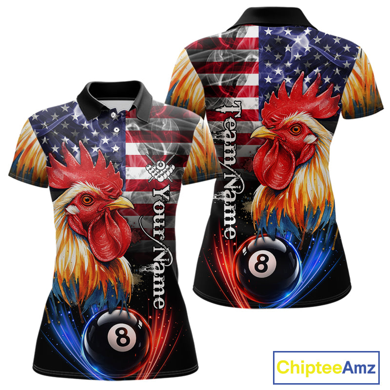 American Flag Smoke Rooster Billiard Shirt For Women Custom 8 Ball Pool Team Jersey Polo & 1/4 Zip TDM5883